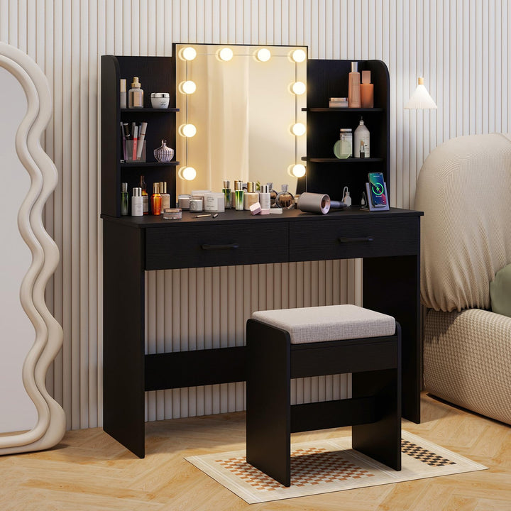 CHARMAID Vanity Desk with Mirror and Lights, Black Makeup Vanity Table with Large Drawers, Storage Shelve