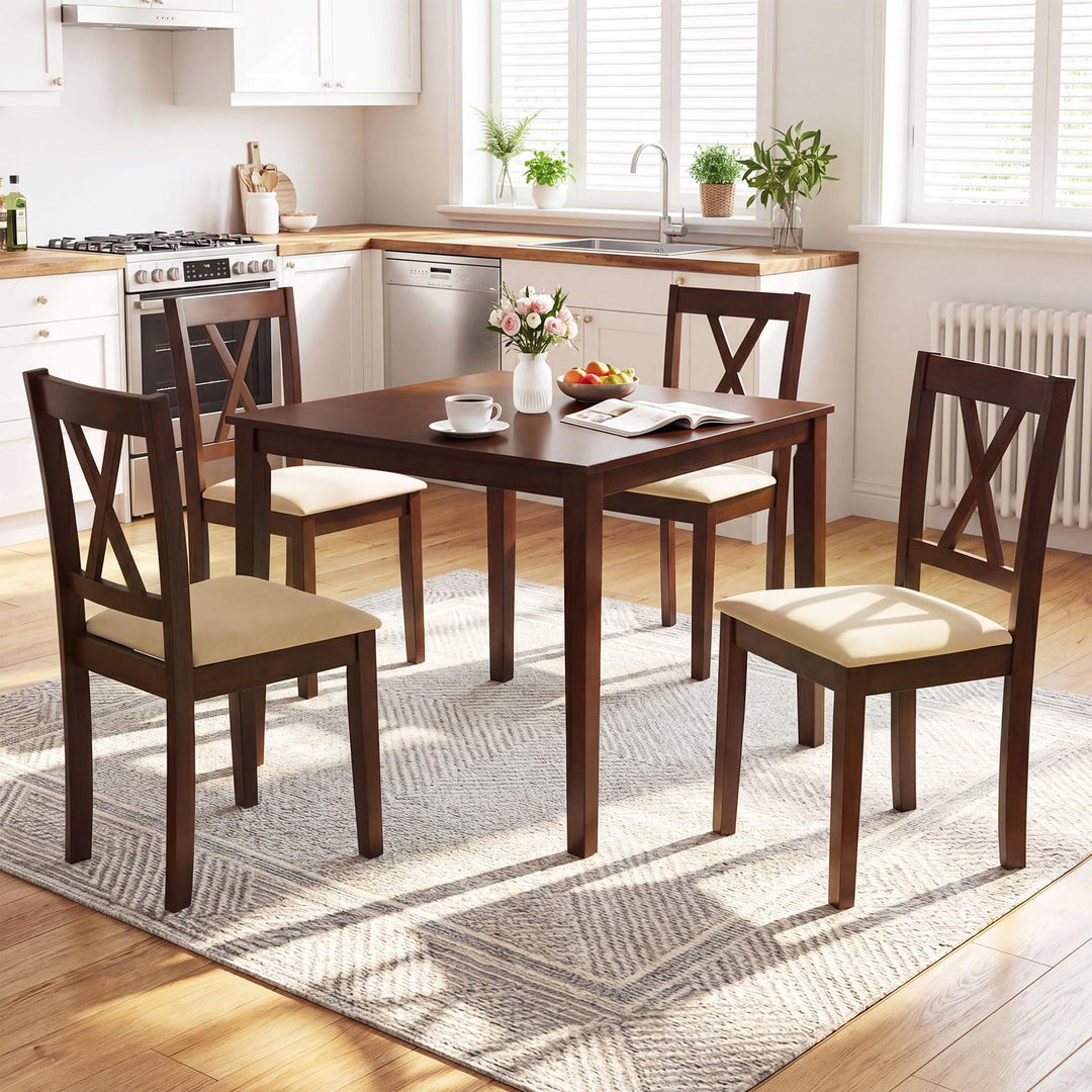 Giantex Upholstered Wooden Dining Chairs Set of 4 with Solid Rubber Wood Frame