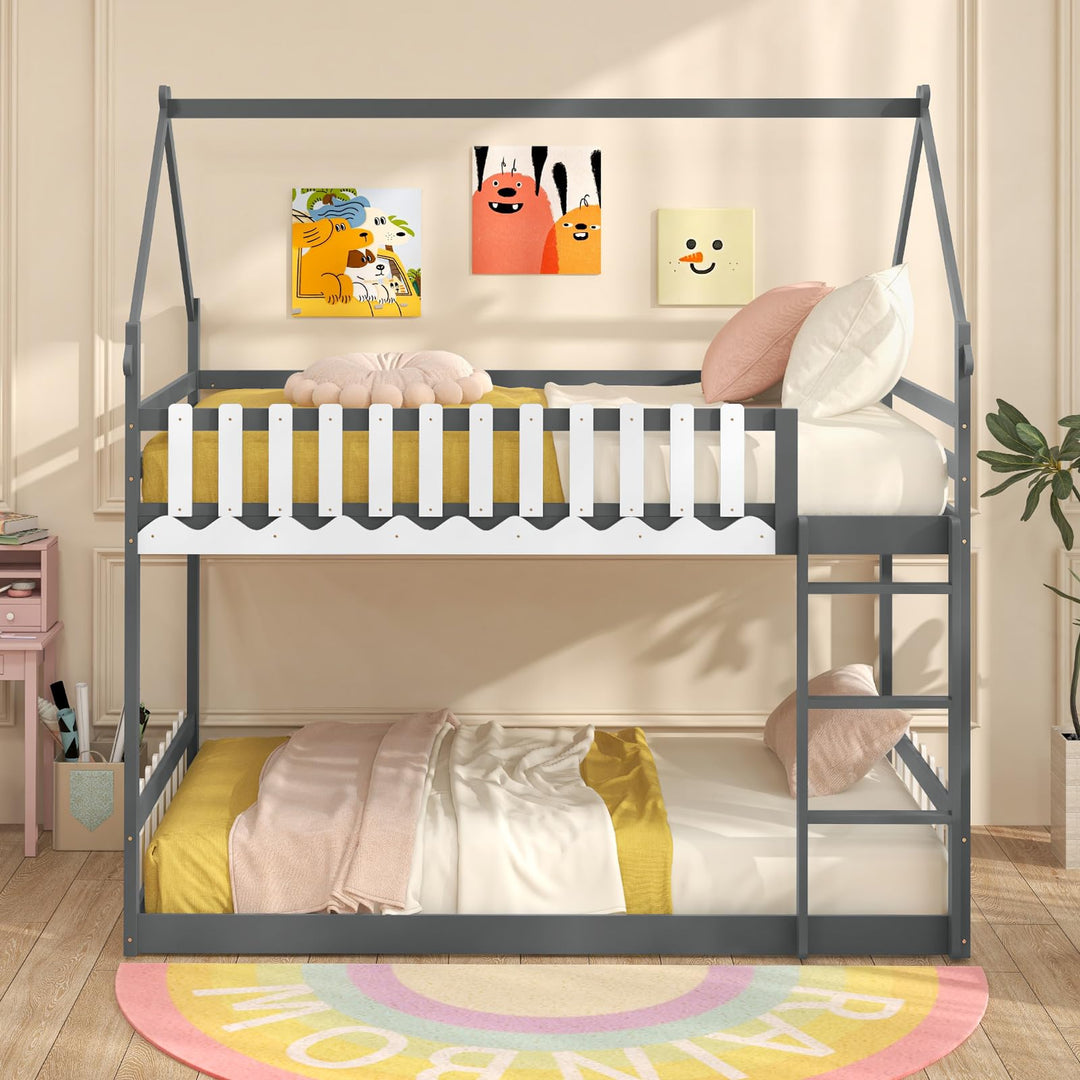 Giantex Bunk Bed Twin Over Twin, Wood House Low Bunk Bed with Ladder & Fence Safety Guardrail