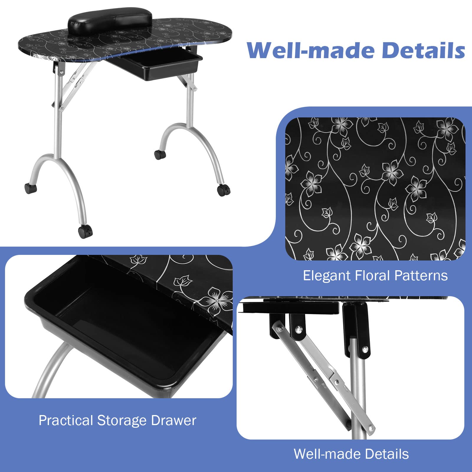 Foldable Nail Table Workstation with Lockable Wheels