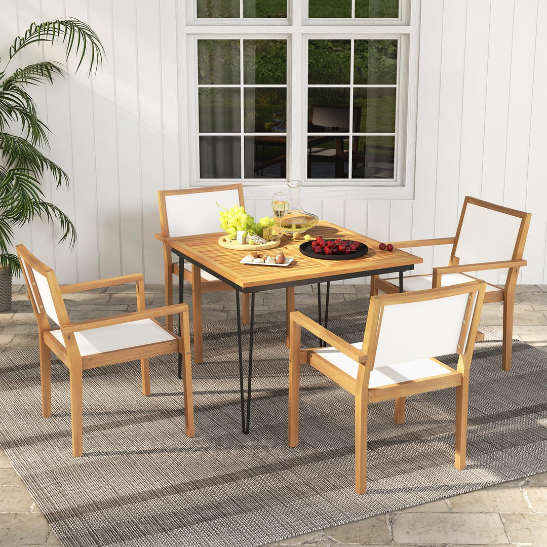 Giantex Stackable Outdoor Dining Chair Set, Patio Armchairs w/Acacia Wood Frame, All Weather Fabric, Armrests