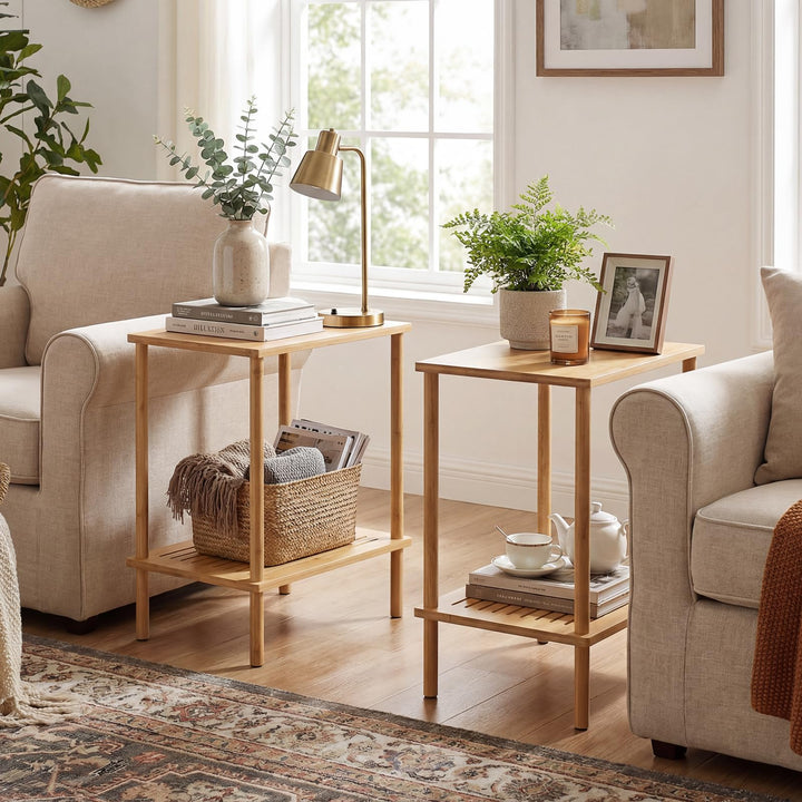 Giantex Bamboo Side Table Set of 2 w/Storage Shelves