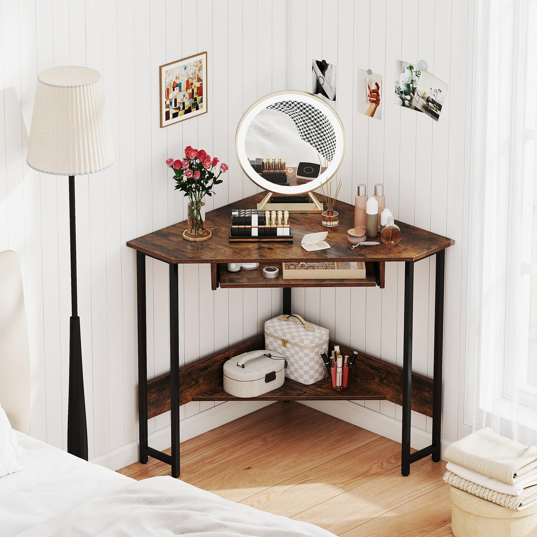 Giantex Small Corner Desk with Charging Station with Keyboard Tray & Storage Shelf