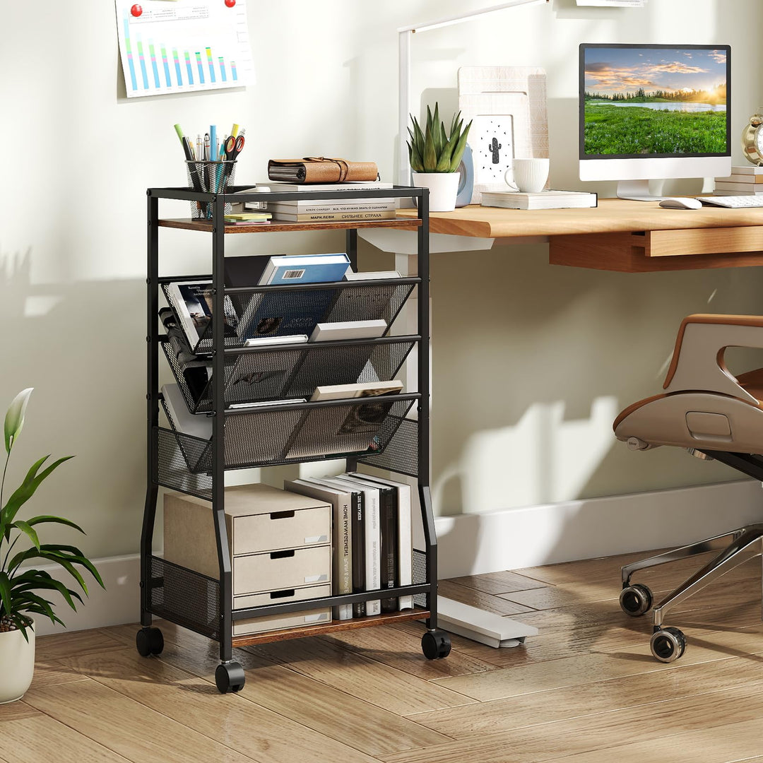 Giantex 32" H 5-Tier Rolling File Cart with Sloped Mesh Magazine Racks (1/2)
