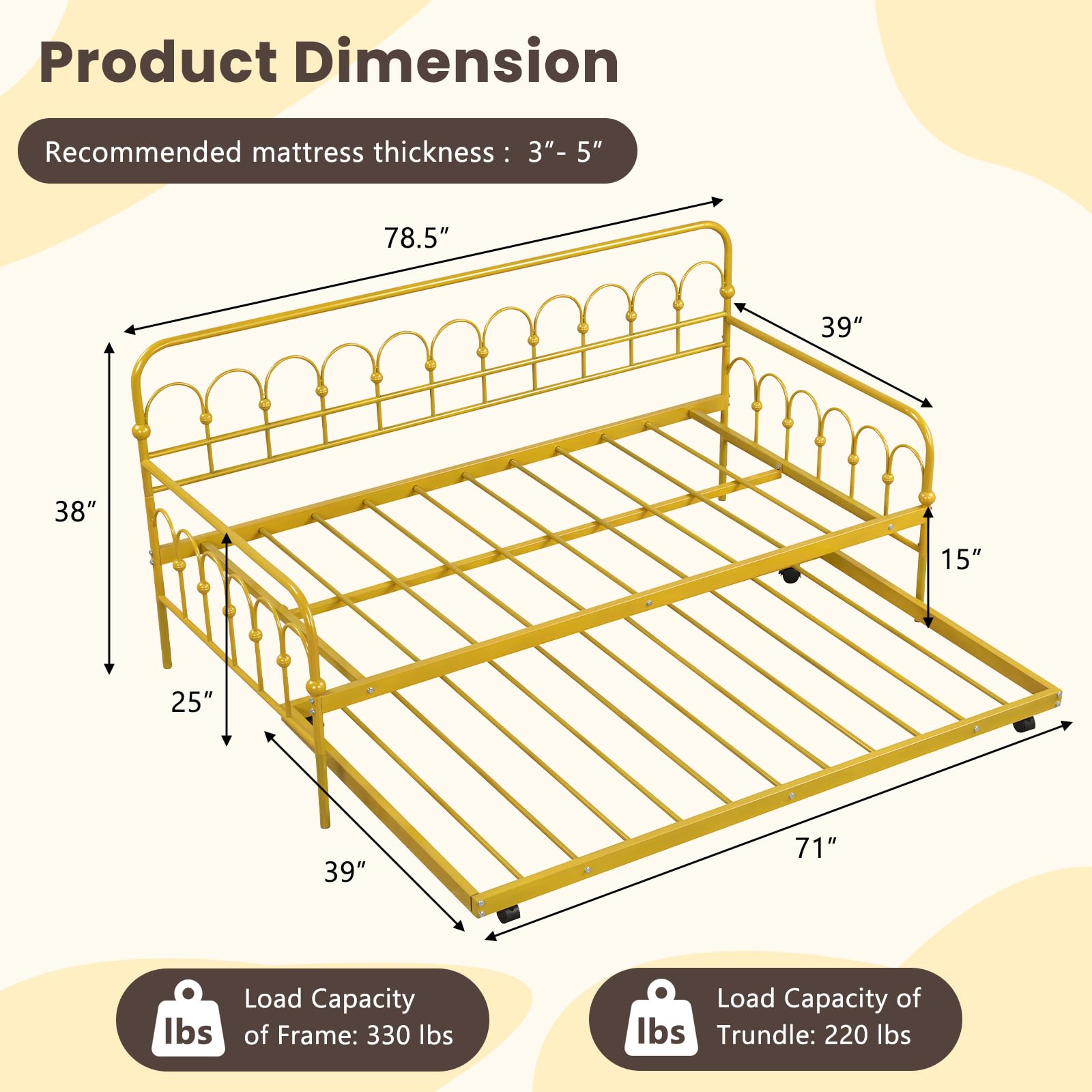 Giantex Twin Daybed with Trundle Gold, Metal Day Bed with Convenient Pull-Out Trundle Bed