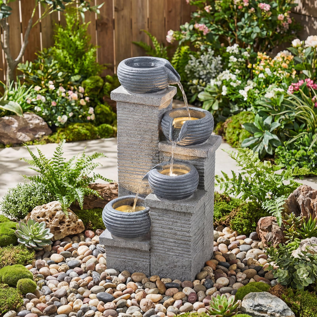 Giantex 4-Tier Water Fountain Outdoor with Warm LED Lights & Pump