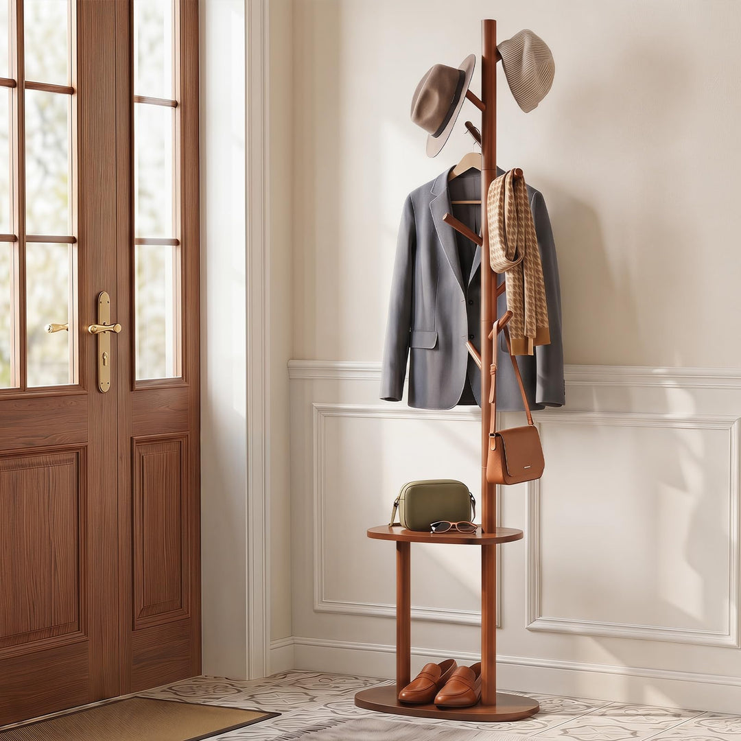 Giantex 70" Solid Wood Clothing Rack with 8 Hooks and 2 Storage Shelves