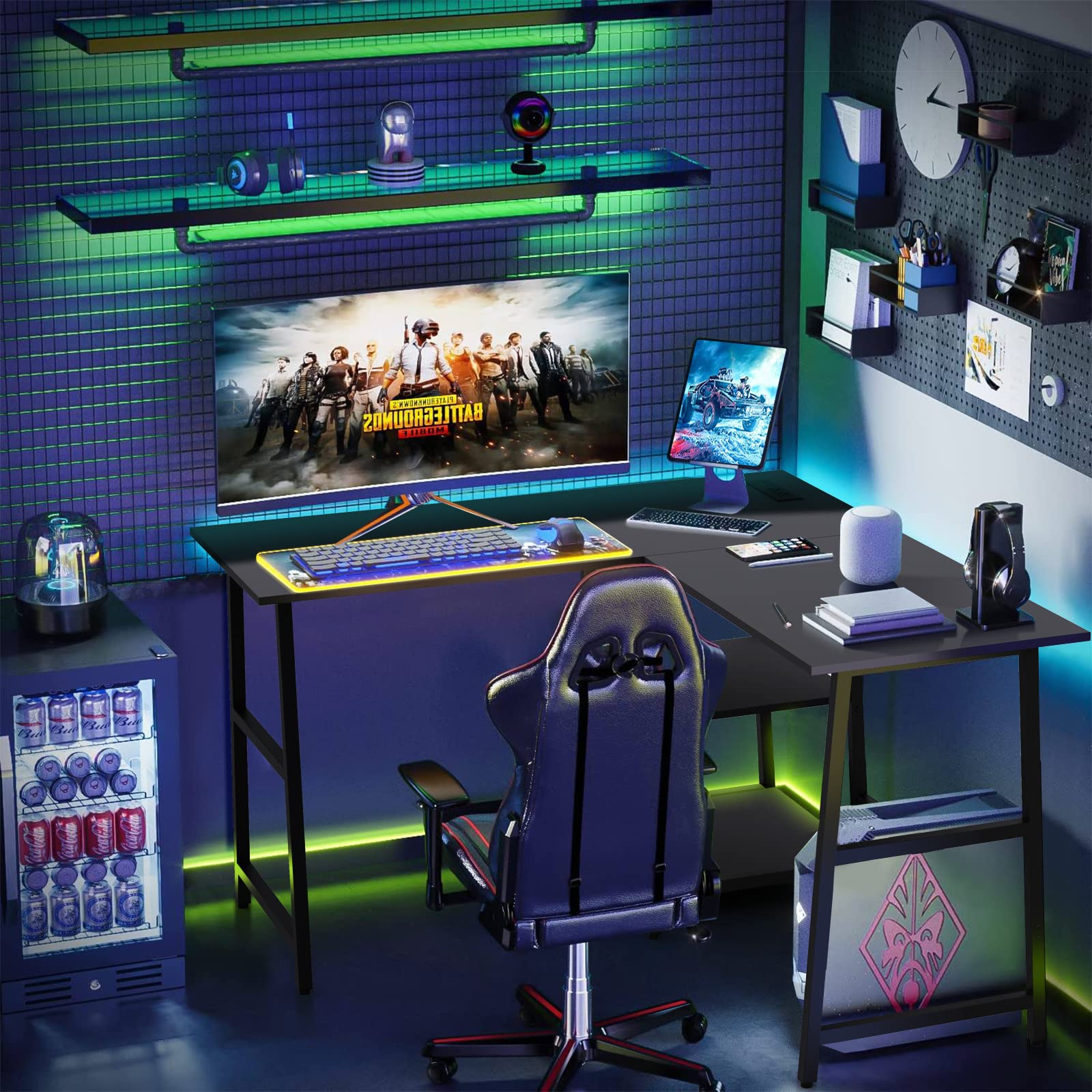 Giantex L Shaped Desk with Power Outlets & USB Ports, 48" Corner Gaming Desk with 2 Tier Storage Shelves