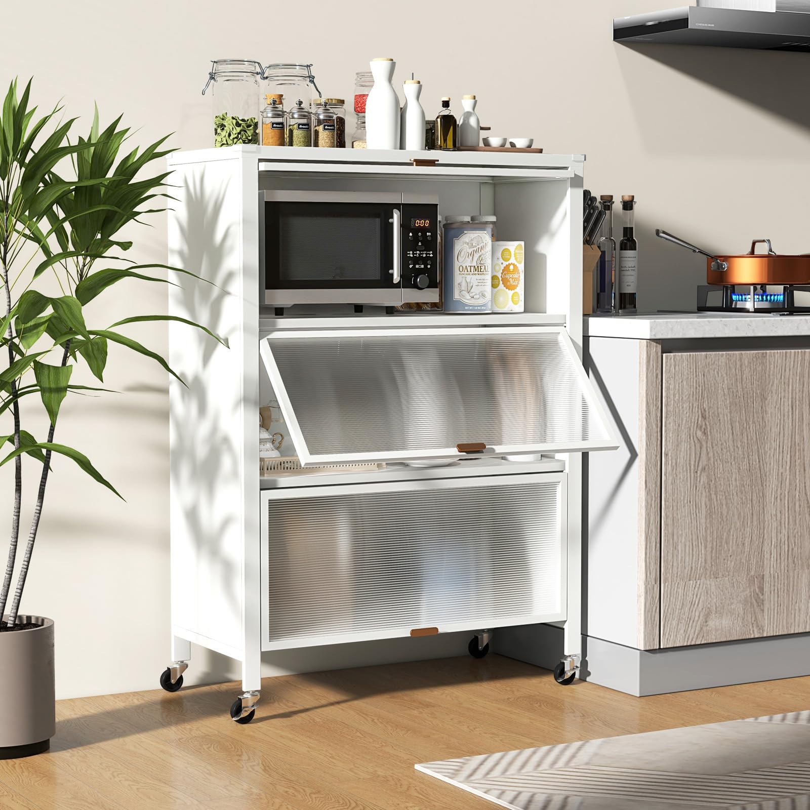 Giantex 4-Tier Kitchen Storage Cabinet, Mobile Folding Kitchen Bakers Rack with Flip-up PC Doors