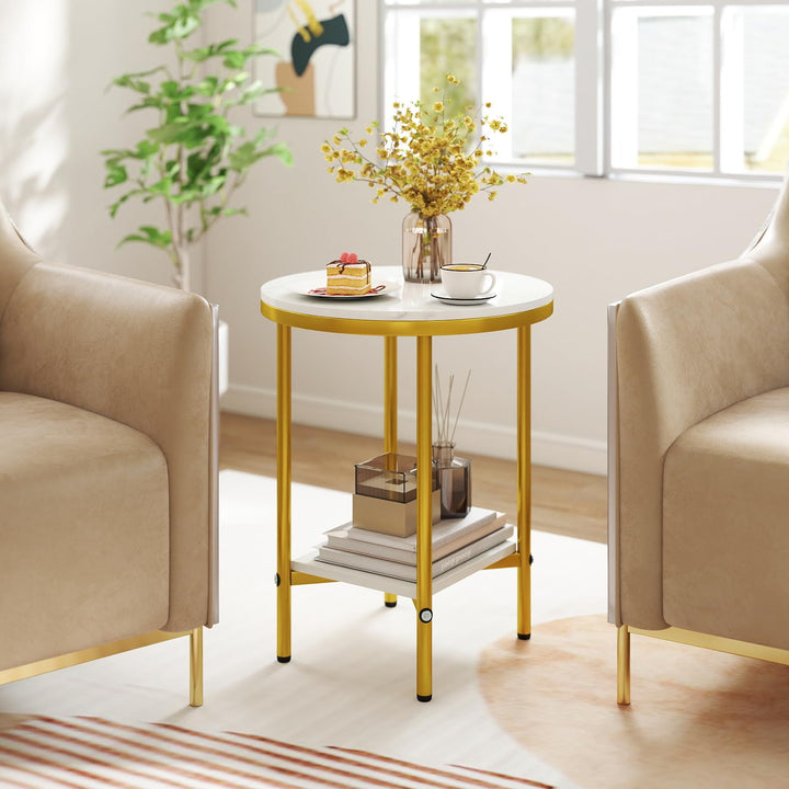 Giantex Round Side Table 2-Tier Faux Marble Sofa Side Coffee Table w/Gold Frame & Open Shelf