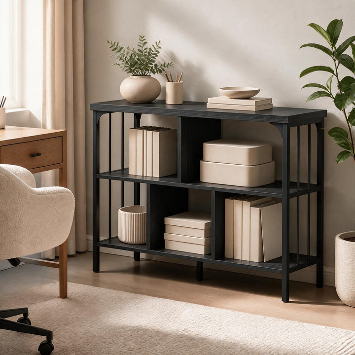 GIANTEX 3-Tier Industrial Low Wide Bookshelf with Metal Frame