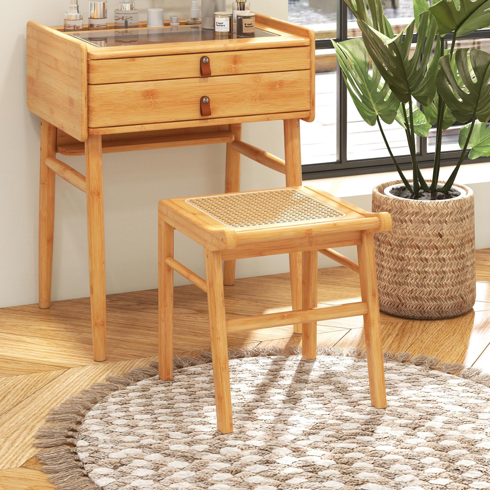 CHARMAID Vanity Stool, Bamboo Ottoman Foot Rest with Rattan Seat, Anti-Slip Foot Pads