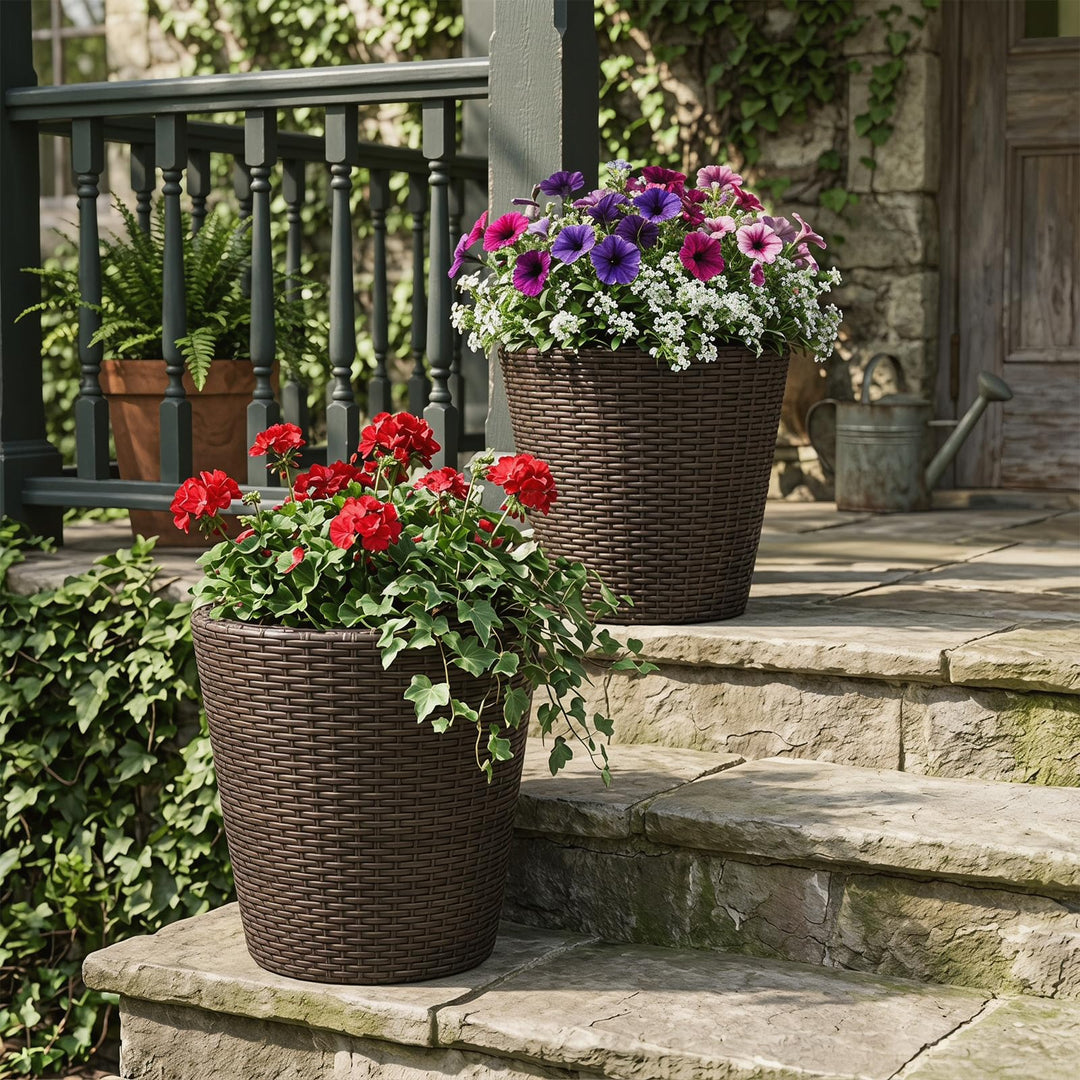 Giantex Set of 2 Plastic Planters | 15 Inch &amp; 11.5 Inch Taper Rattan Planters with Drainage Holes