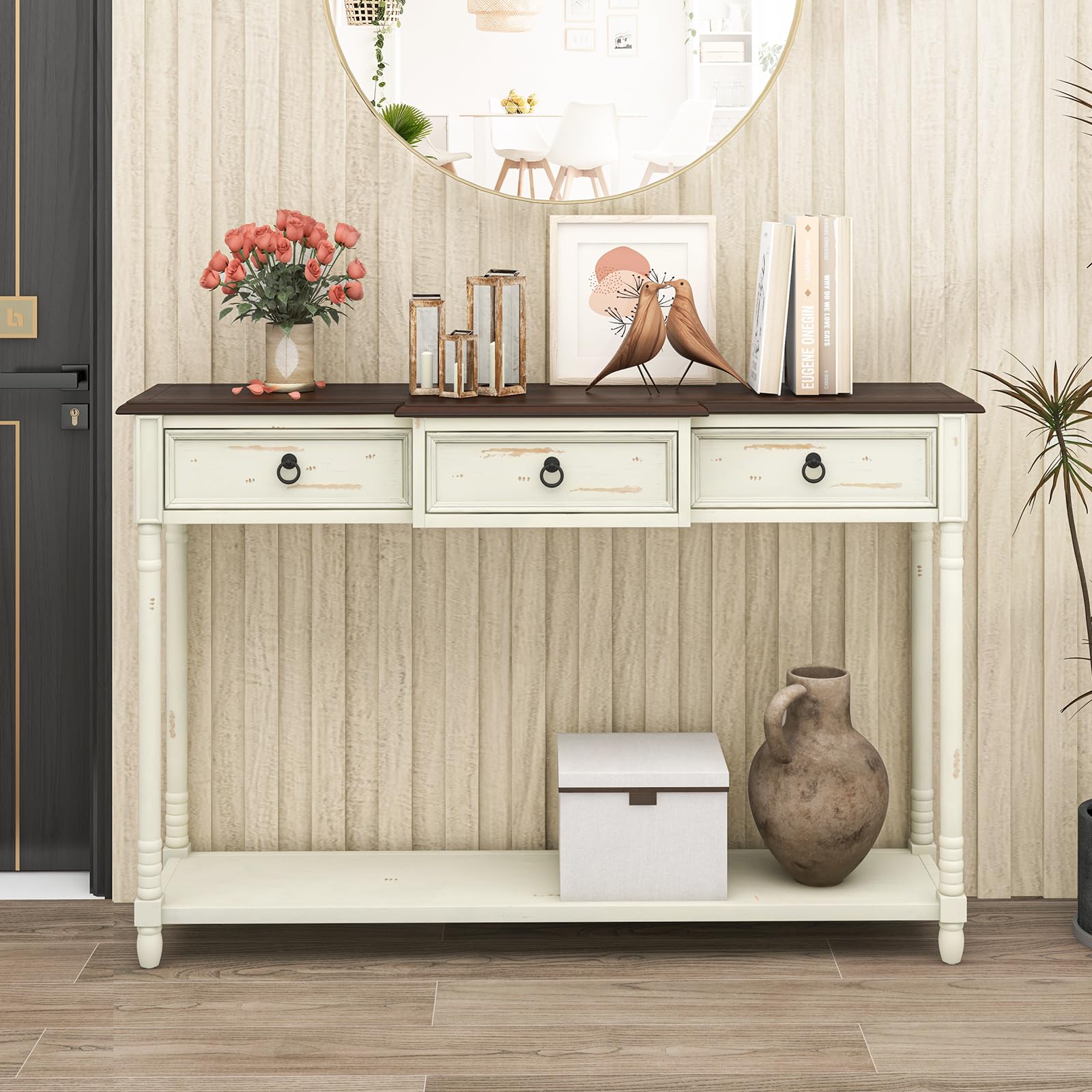 Giantex Console Table with 3 Storage Drawers - Entry Table, Rustic Farmhouse Entryway Table with Open Storage Shelf