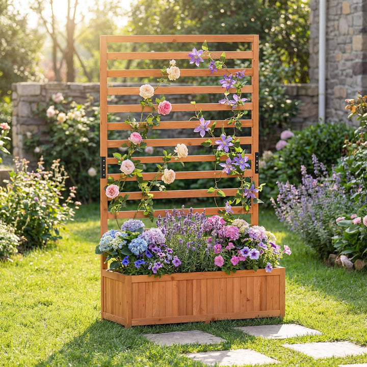 Wooden Raised Garden Bed 59 Inch Tall Elevated Planter Box with Vertical Trellis