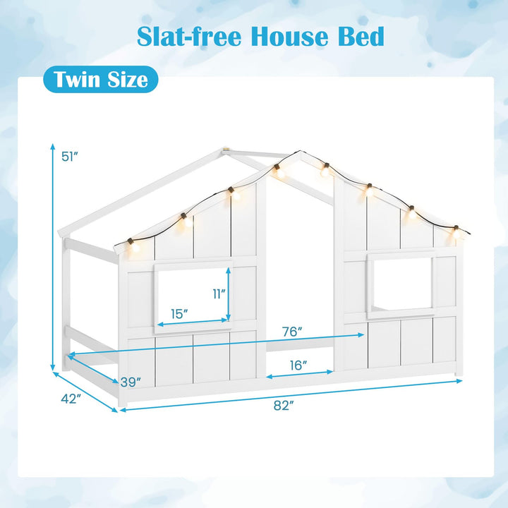 Giantex Twin Kids House Bed with Light Bulbs Wooden Montessori Floor Bed Frame with Roof & Windows