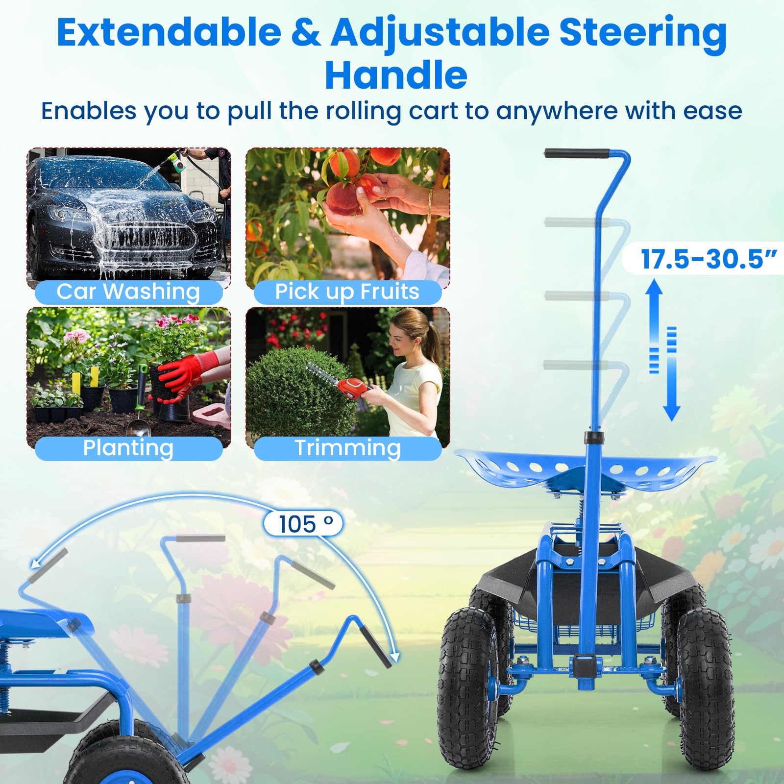 Giantex Garden Cart, 4-Wheel Gardening Workseat with Storage Basket