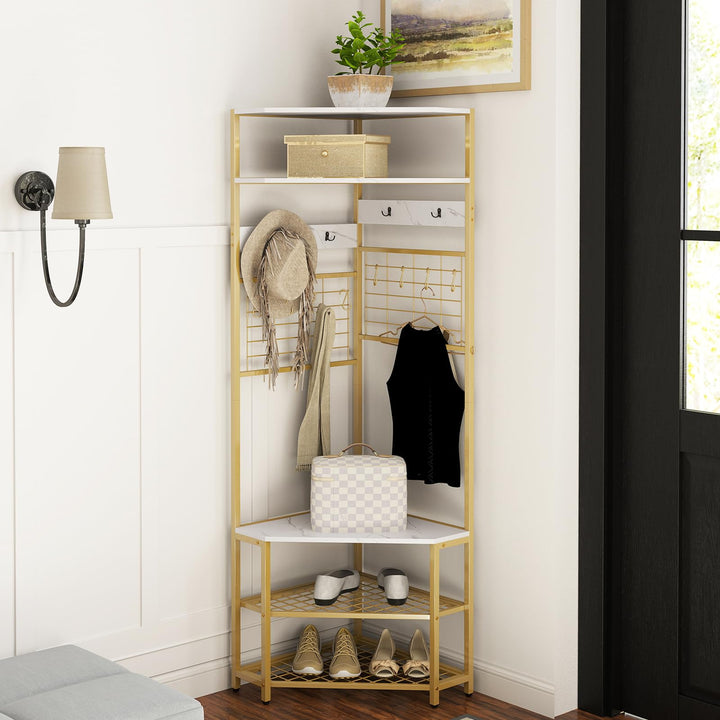 Giantex Corner Hall Tree, 73" Tall Coat Rack w/Shoe Storage Bench, 12 Metal Hooks, 5-Tier Entryway Shoes Shelf Organizer