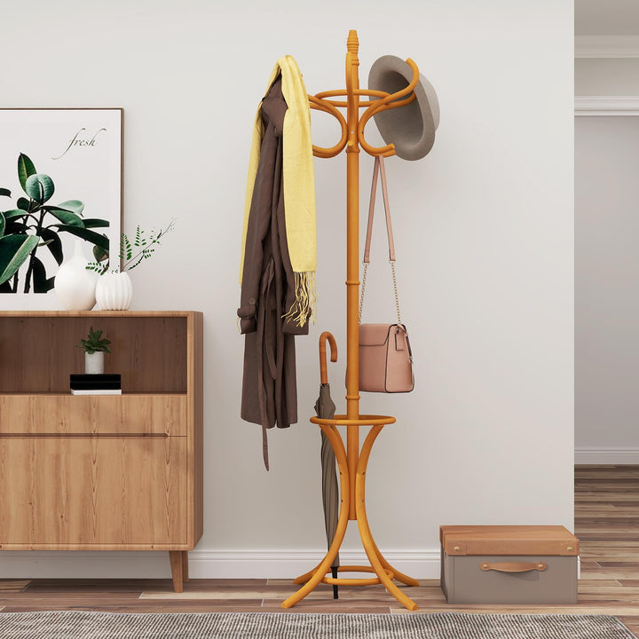 Giantex Solid Wood Coat Rack, Freestanding Hall Tree w/12 Hooks, Umbrella Holder, Entryway Hanger Stand for Coat