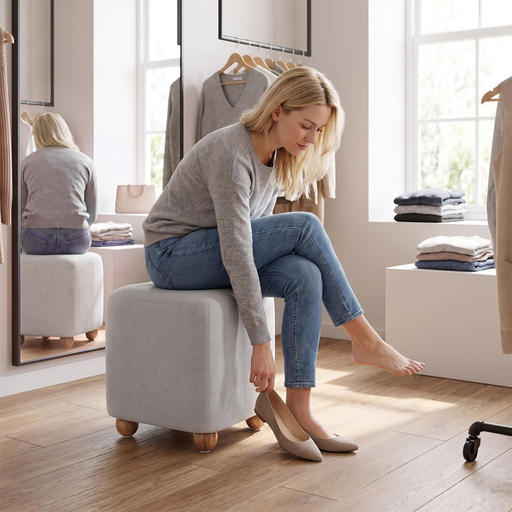 GIANTEX Linen Fabric Square Storage Ottoman with Solid Wood Legs