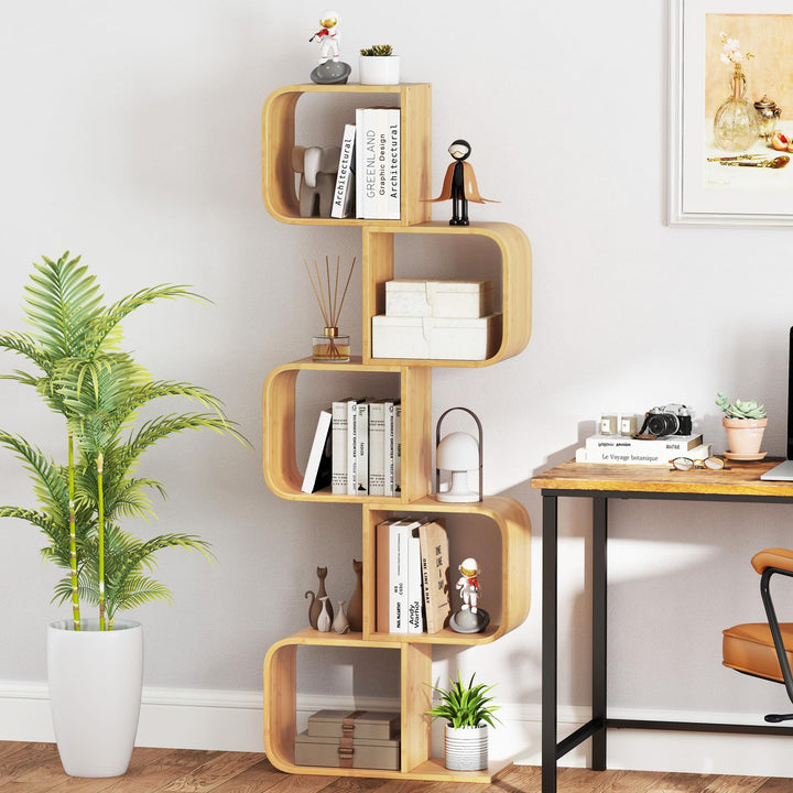 Giantex 5-Tier S-Shaped Bookcase Bamboo Bookshelf with Open Cubes