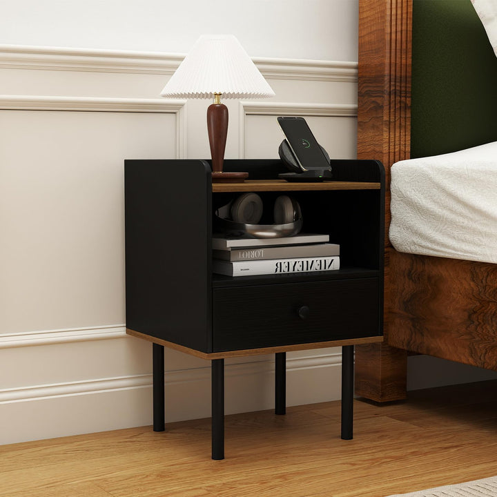 Giantex Wood Night Stand with Drawer - Mid Century Modern Bedside Table