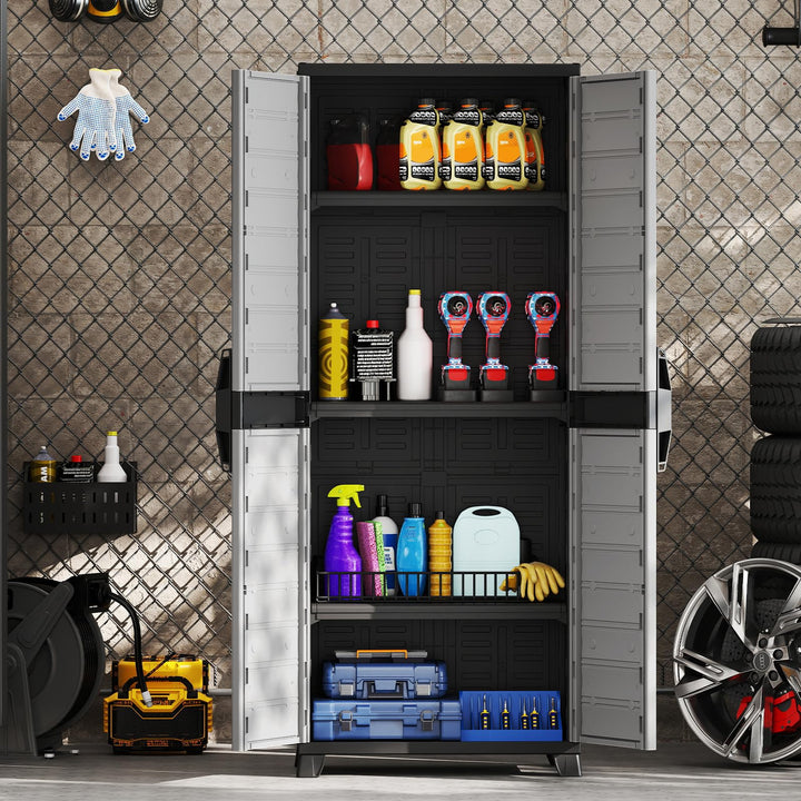 68" Lockable Storage Cabinet, PP Garage Storage Shed with Doors, 3 Adjustable Shelves