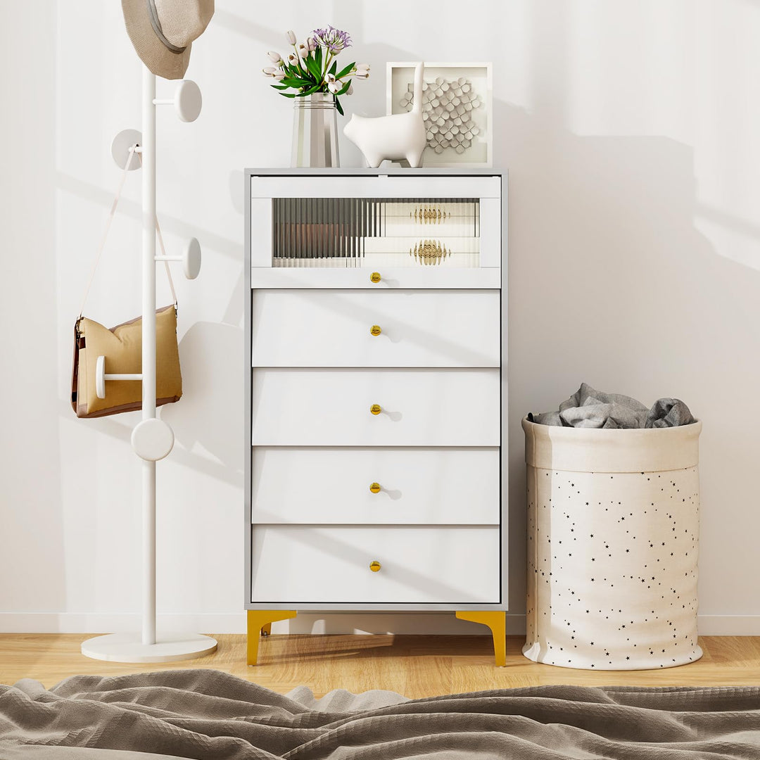Giantex 4-Drawer Dresser with Flip Up Fluted Glass Door
