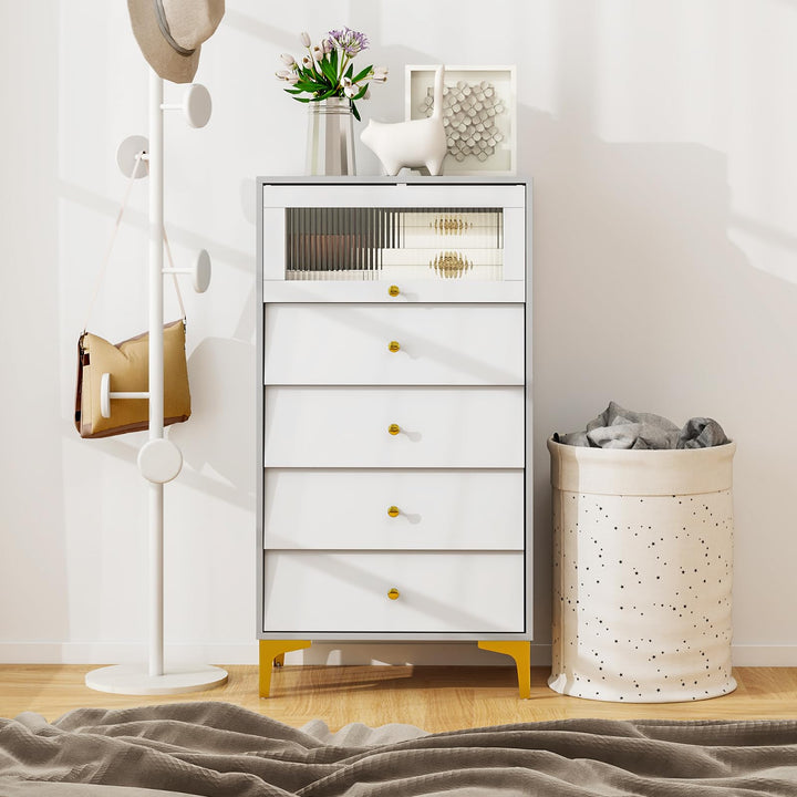 Giantex 4-Drawer Dresser with Flip Up Fluted Glass Door
