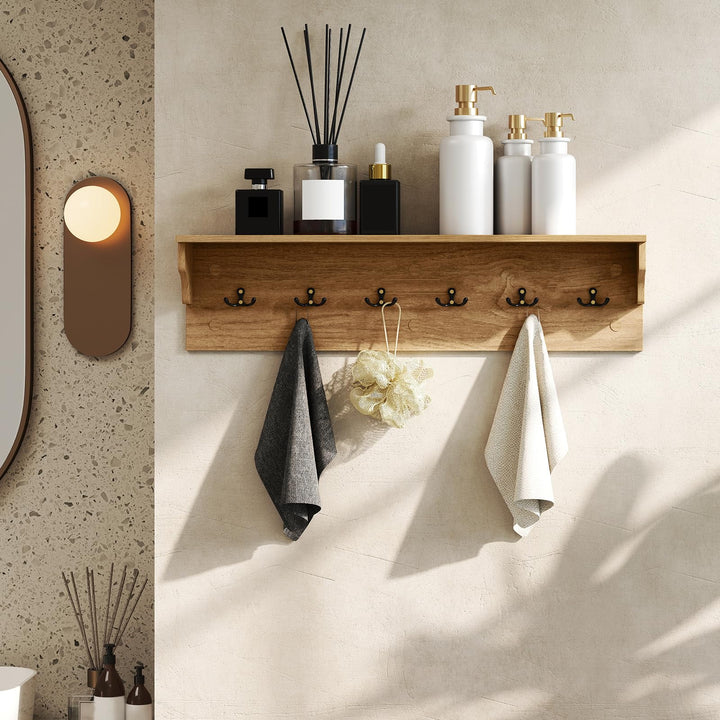 Giantex Wall-Mounted Storage Shelf | 31.5" Wooden Hanging Coat Rack with 6 Hooks