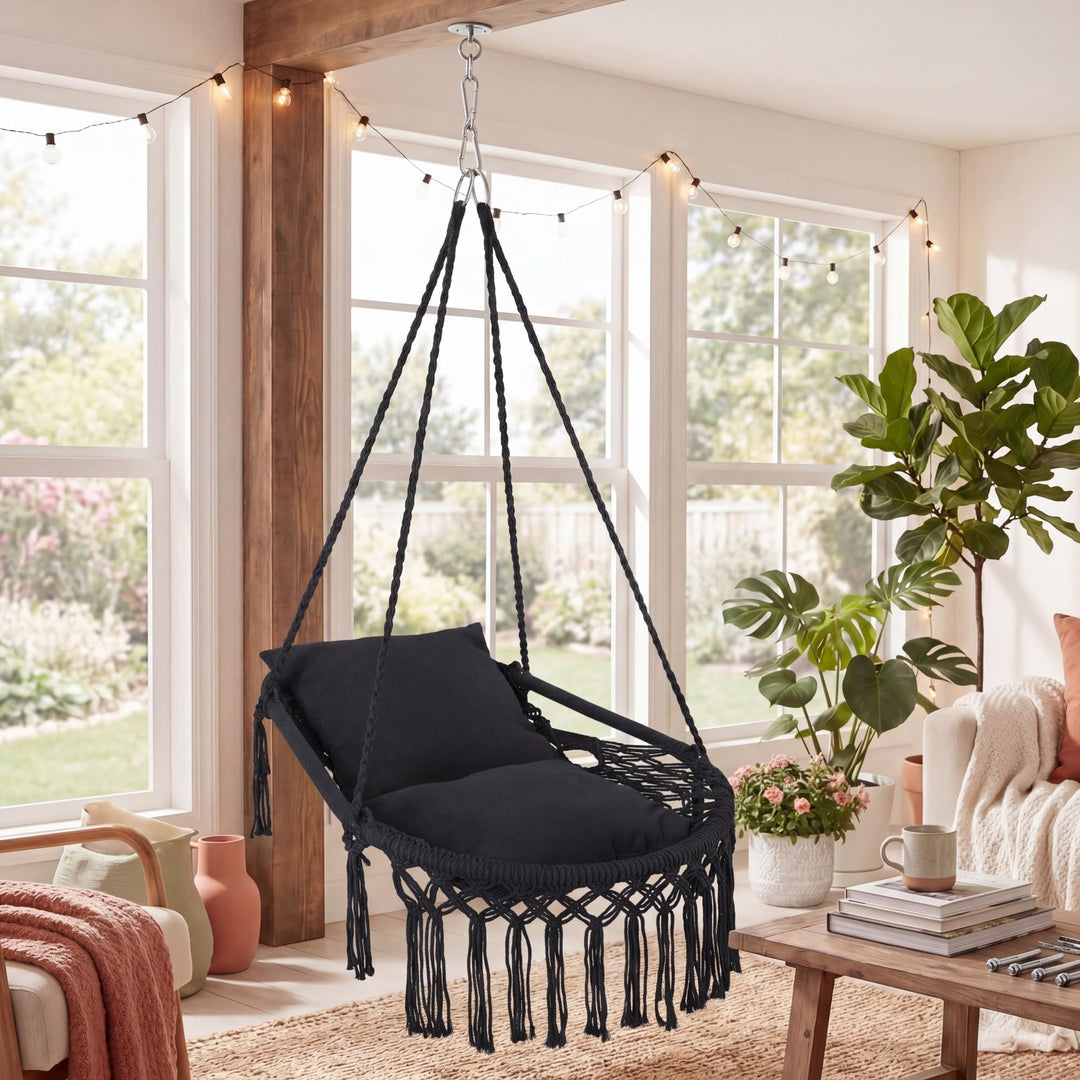 Giantex Macrame Hammock Chair w/Removable Cushions &amp; Sturdy Metal Ring