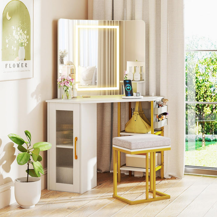 CHARMAID Corner Vanity Desk with Lighted Tri-Fold Mirror | Space Saving Dressing Table with Stool