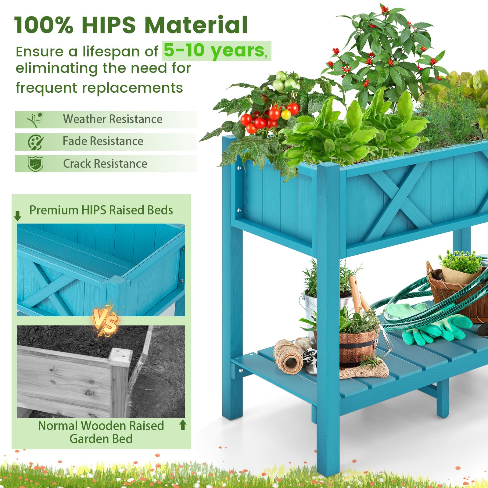 Giantex HIPS Raised Garden Bed, Elevated Planter Box w/Legs, Storage Shelf, Drain Holes