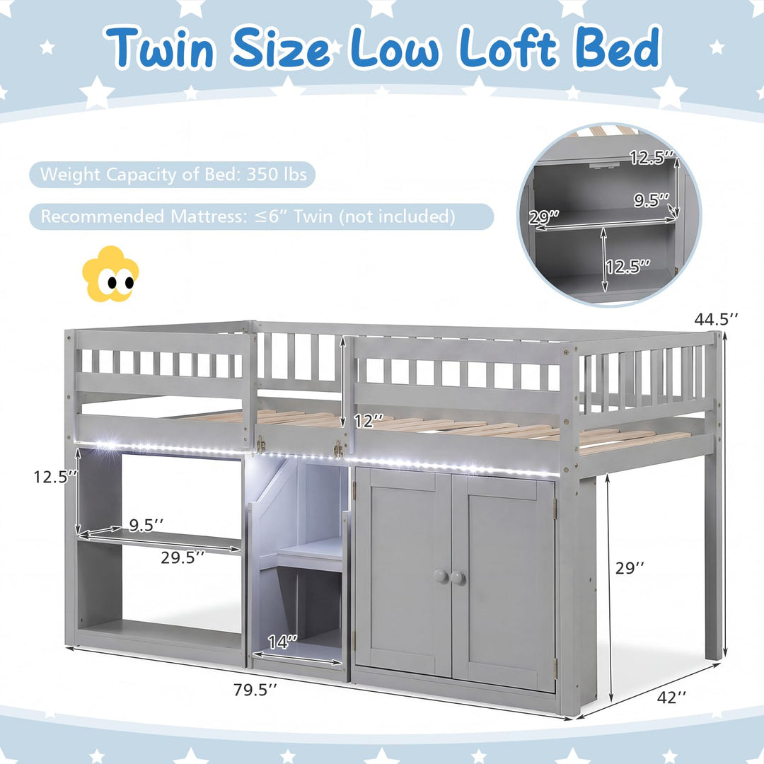 Giantex Low Loft Bed Twin Size with LED Lights, Wooden Bed Frame