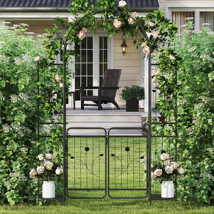 Giantex 87'' Metal Garden Arbor with Lockable Gate and Planter Shelves