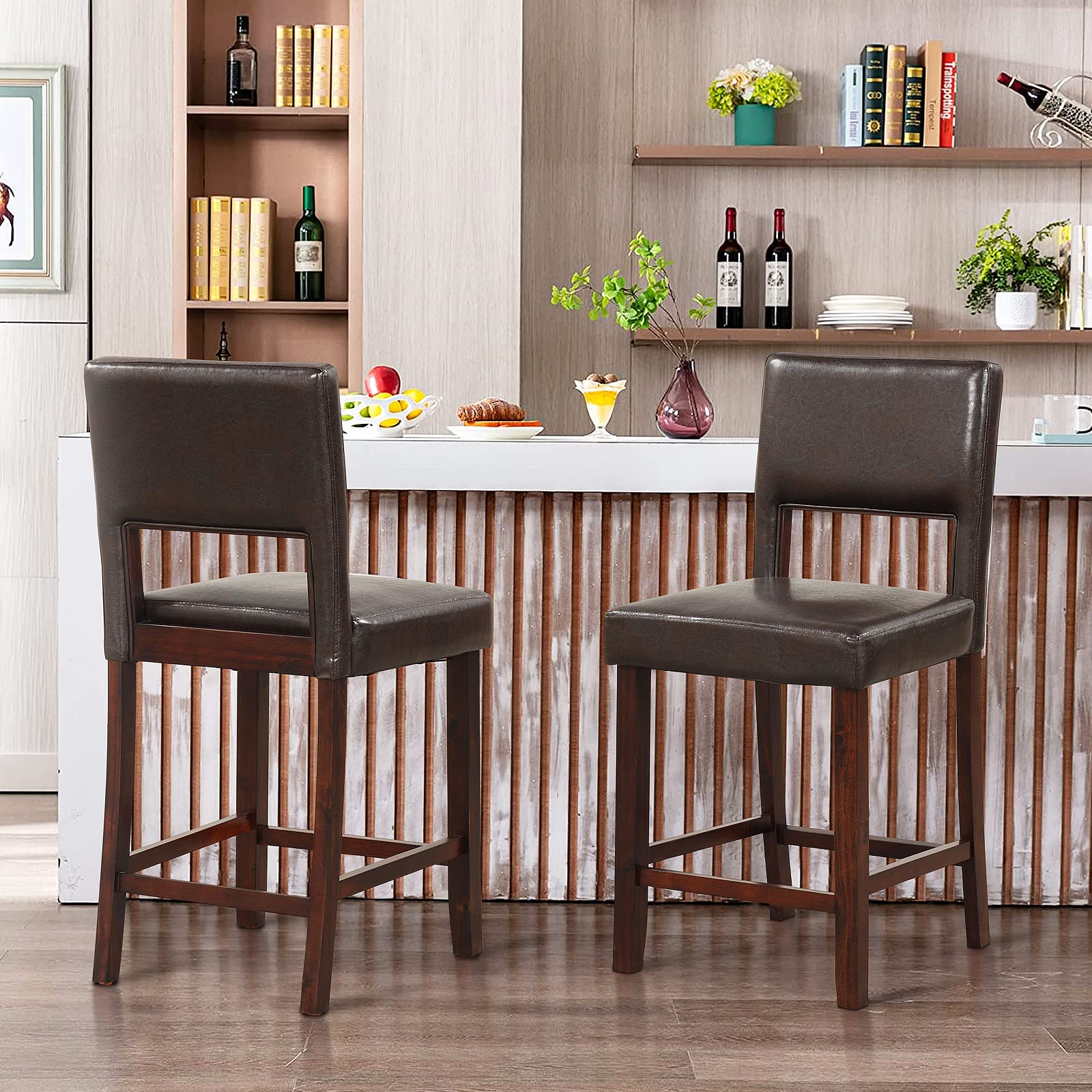 Giantex 4-Piece Bar Chair Set - Linen Counter Height Bar Stool Set with Hollowed Back & Rubber Wood Legs