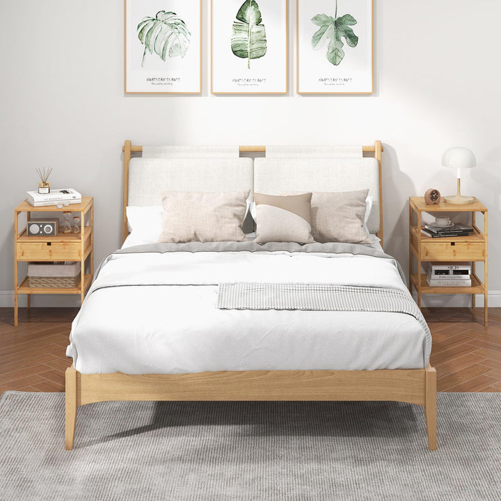 Giantex Nightstand Set of 1/2, Bamboo End Table with Drawer and 2 Open Shelves