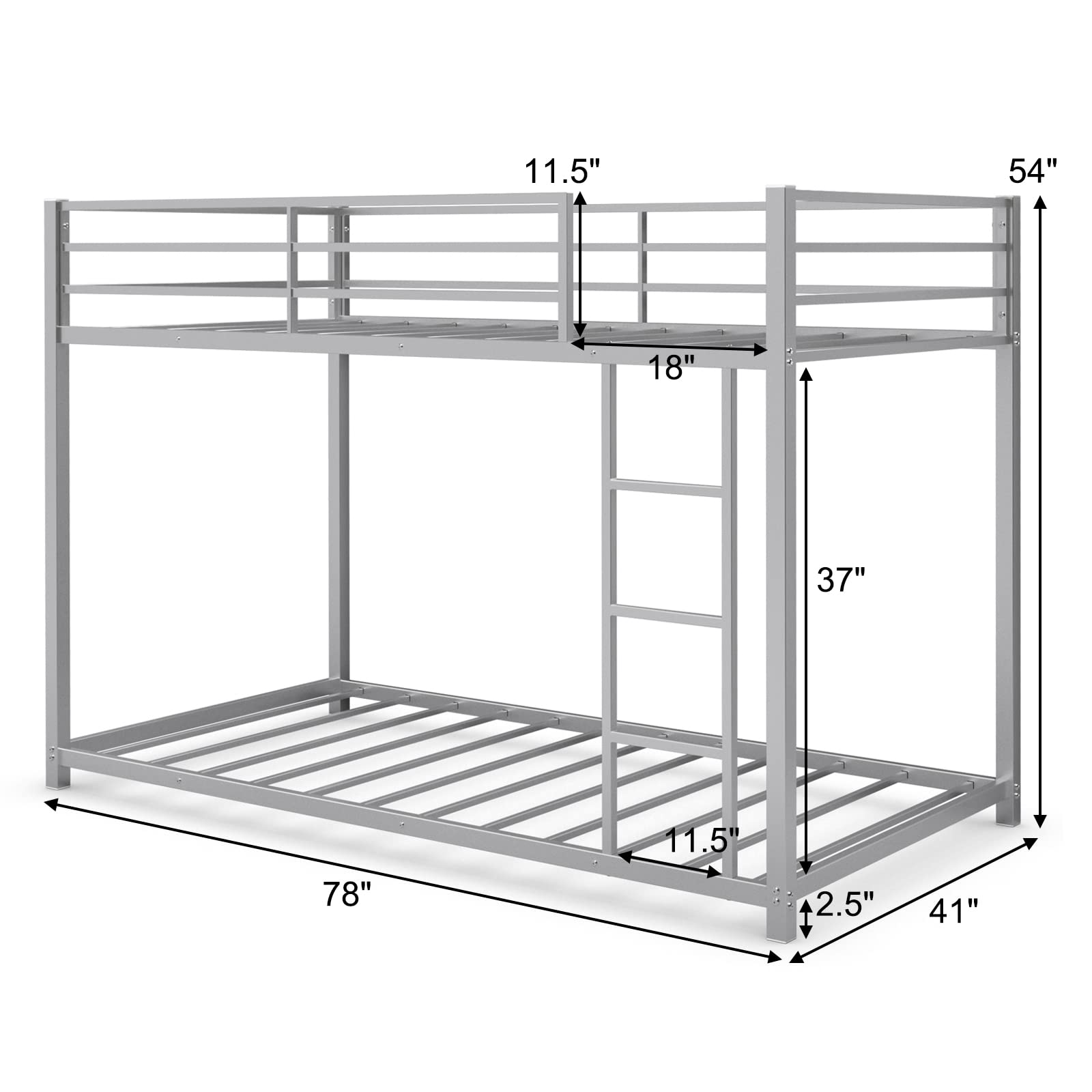 Giantex Metal Bunk Bed Twin Over Twin, Low Profile Bunk Bed Frame with Ladder & Full Length Guardrail