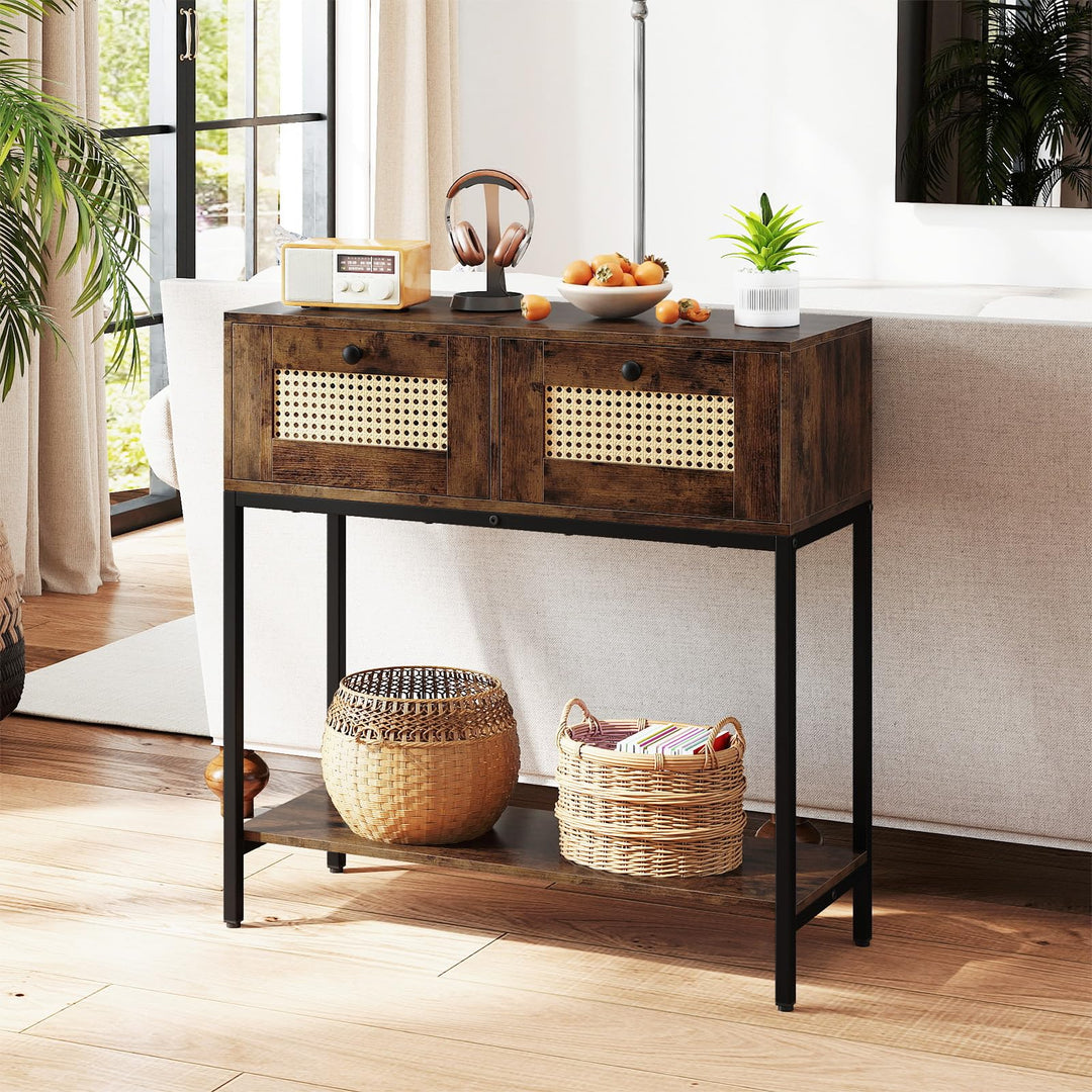Giantex Rattan Console Table 32" Boho Entryway Table with 2 Drawers
