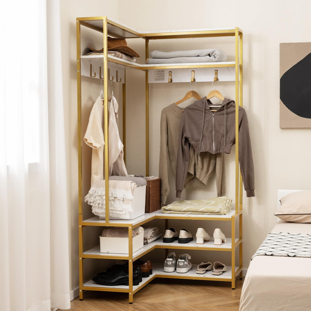 Giantex Corner Coat Rack with Shoe Bench, L-shaped Garment Rack