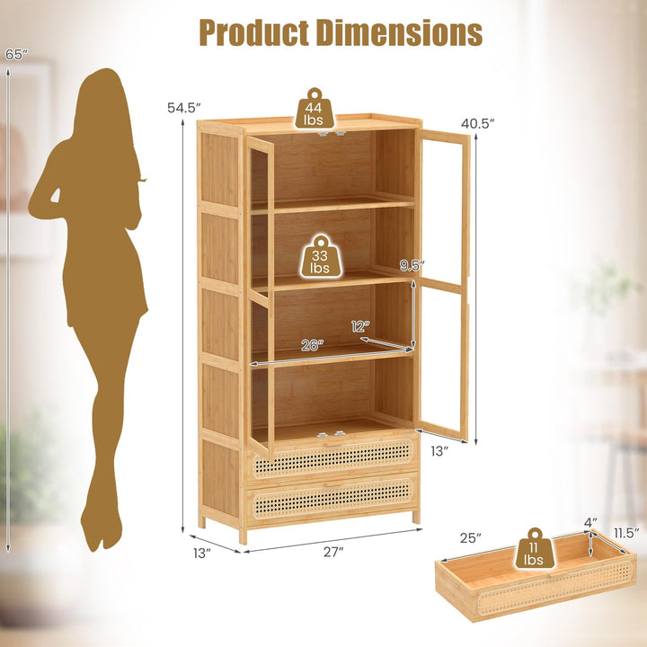GIANTEX 54.5" Tall 6-Tier Freestanding Bamboo Bookshelf with 2 Acrylic Doors and 2 Drawers