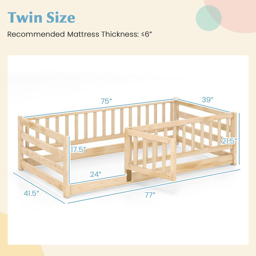 Giantex Twin Floor Bed with High Fence & Door