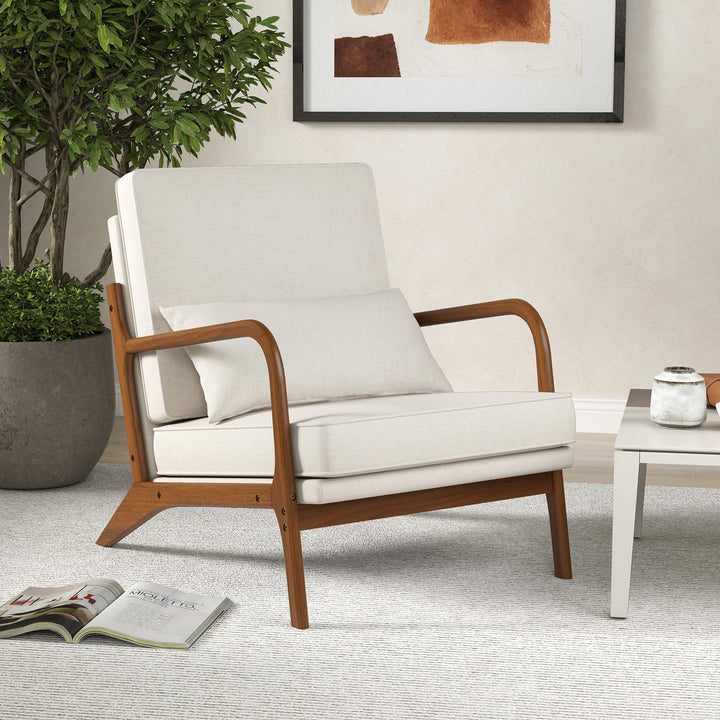 Giantex Mid Century Modern Accent Chair, Upholstered Armchair with Pillow, Rubber Wood Armrests & Legs