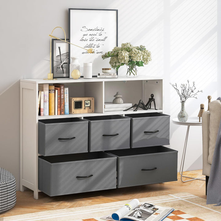 Giantex Storage Cabinet with 5 Drawers & 2 Cube Shelves, Chest of Drawers, Console Table, White & Grey