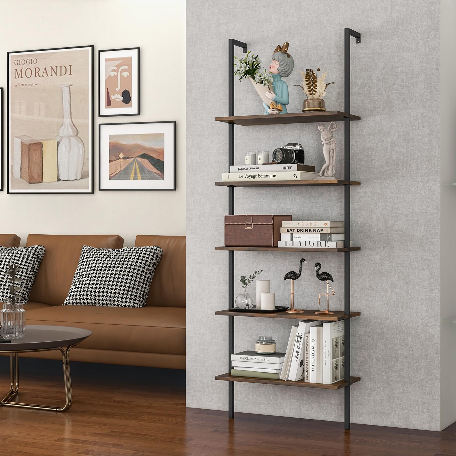 Giantex 5 Tier Modern Wall Mounted Bookshelf, 71'' White and Gold Wood Bookcase with Steel Frame