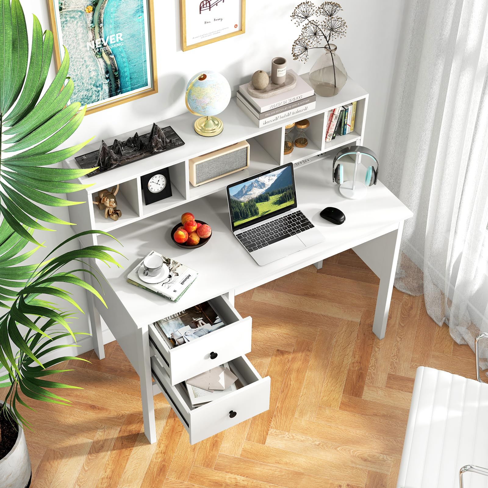 Giantex White Desk with Drawers and Power Outlet, 48" Home Office Computer Desk with 5-Cubby Hutch
