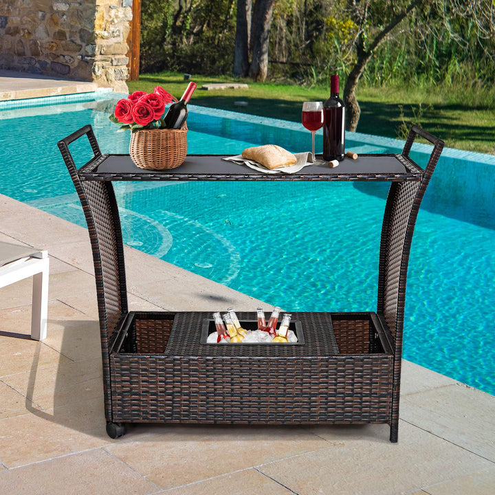 Giantex Rolling Wicker Cart Rattan Bar Cart Outdoor Serving Cart Wicker Trolley Portable Kitchen Trolley Cart W/Shelves and Big Drawer