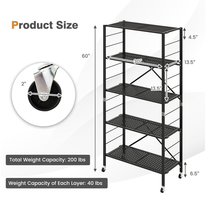 Giantex 5-Tier Folding Bookshelf with Wheels of 1/2, 60" Tall Foldable Metal Shelves for Storage