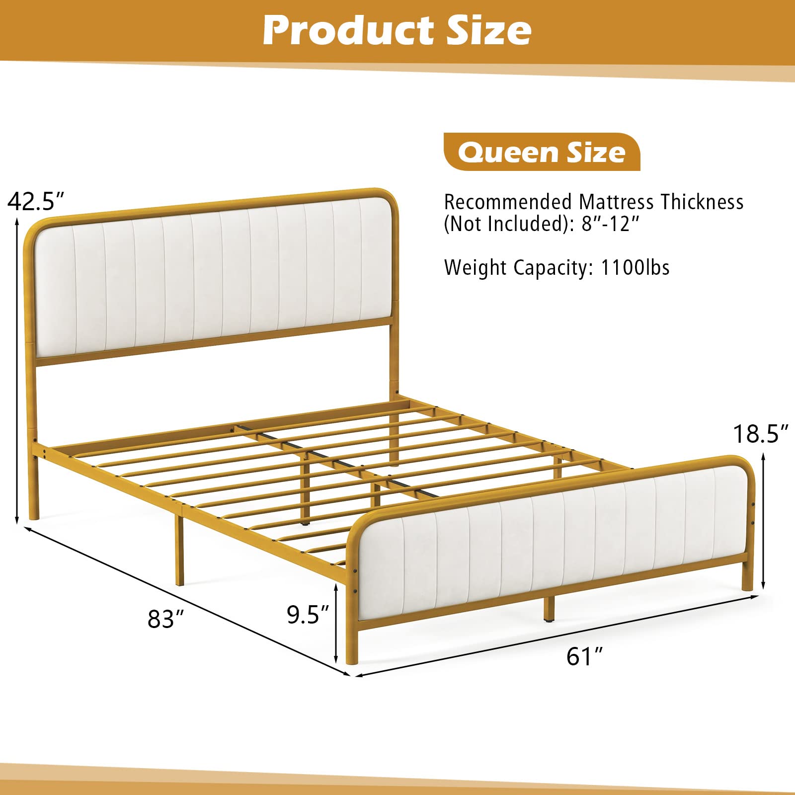 Giantex Twin Size Gold Bed Frame with Velvet Headboard and Footboard, Heavy-duty Metal Slats Support Mattress Foundation