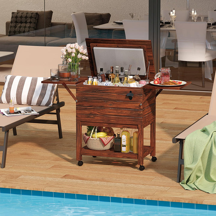 Giantex Wooden Rolling Ice Chest with Foldable Side Shelves